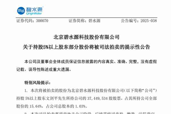 碧水源1.03%股份將被司法拍賣